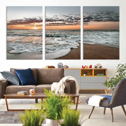 Ocean Sunset Wall Art Print - Beach Waves Canvas Print, featuring a serene seascape with golden sunlight reflecting on gentle waves, perfect for coastal and minimalist decor.