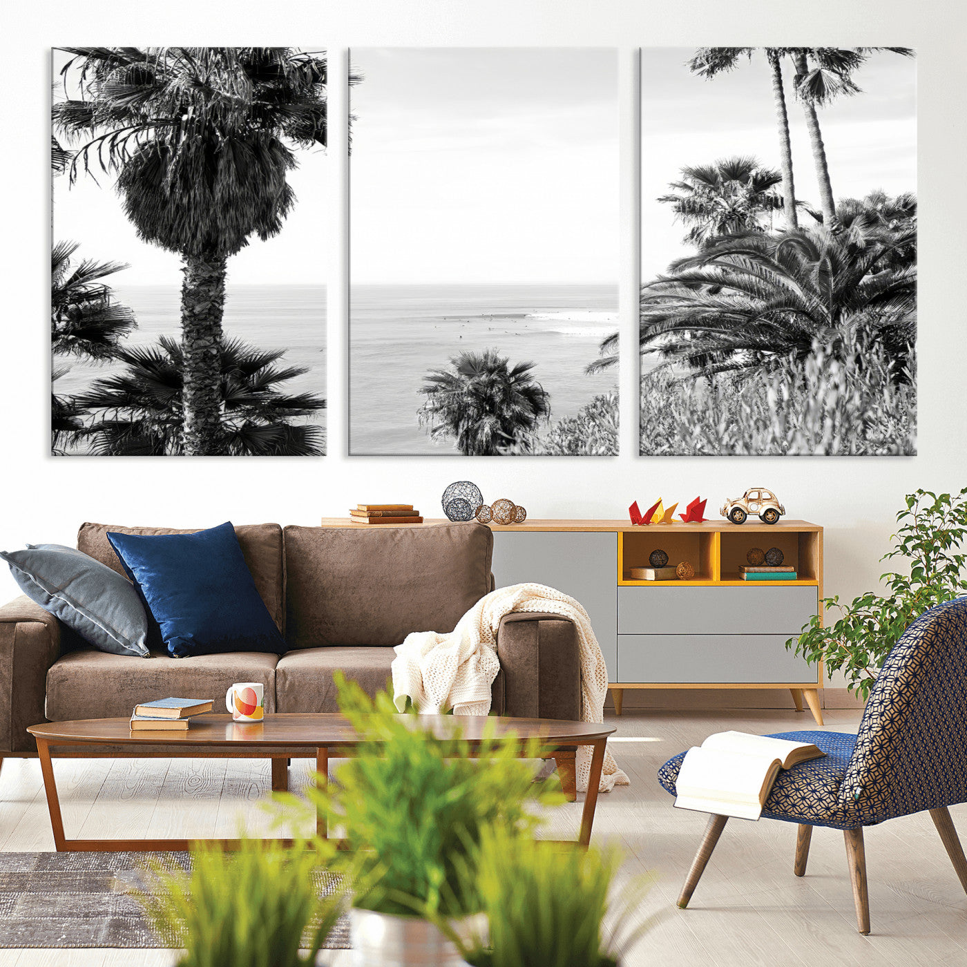 Monochrome canvas of palm trees framing a coastal surf scene, perfect for California-inspired or retro black-and-white beach decor.