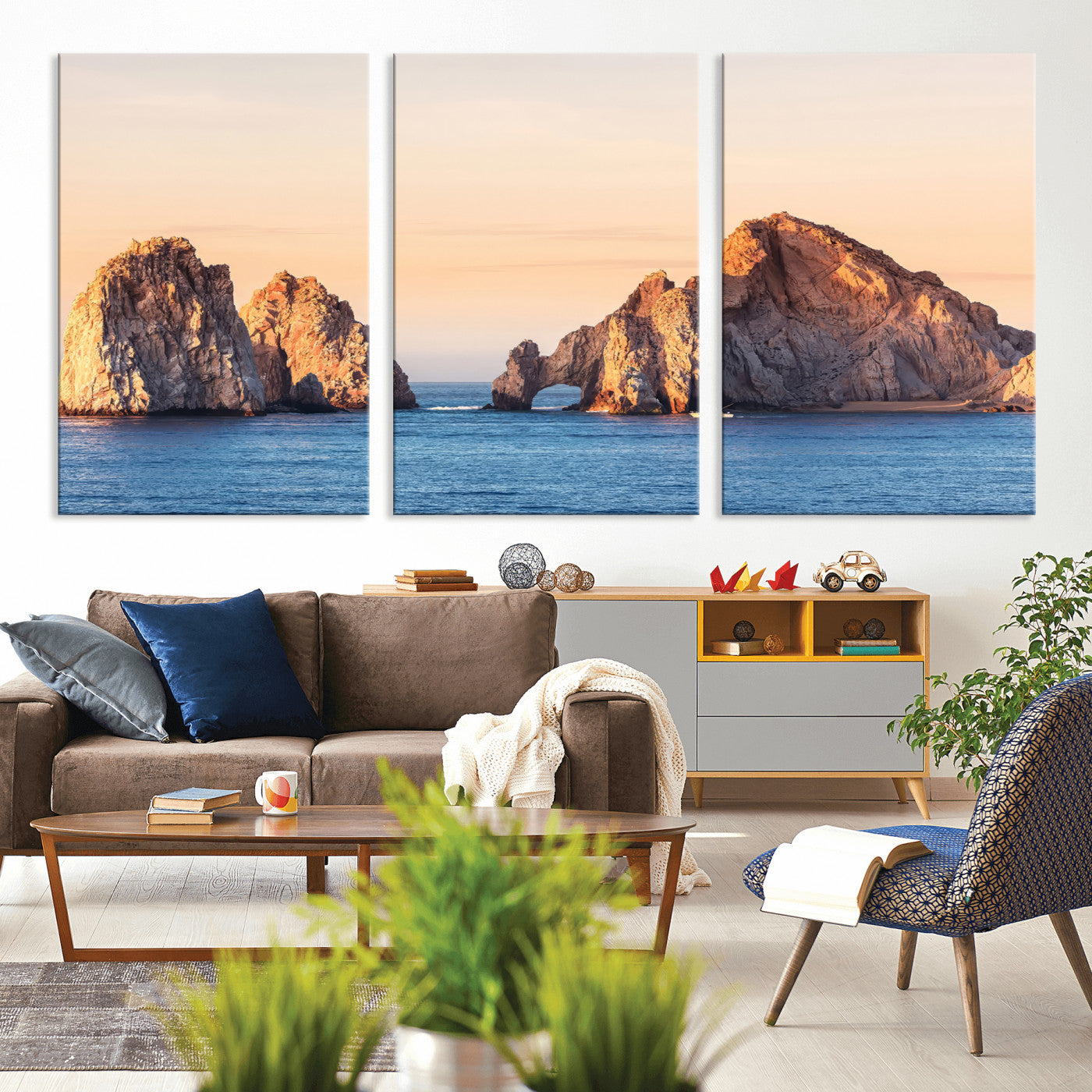 Framed canvas of El Arco rock formation in Cabo San Lucas at golden hour, ideal for coastal landmark or ocean-inspired decor.