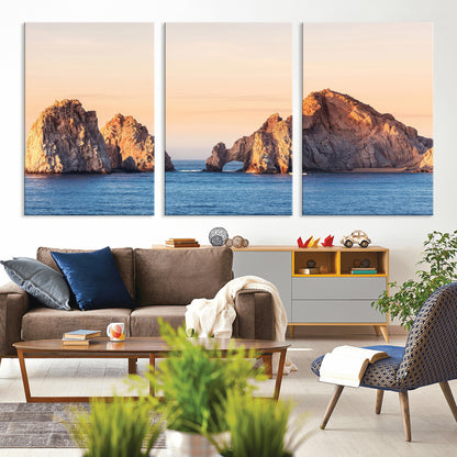 Framed canvas of El Arco rock formation in Cabo San Lucas at golden hour, ideal for coastal landmark or ocean-inspired decor.