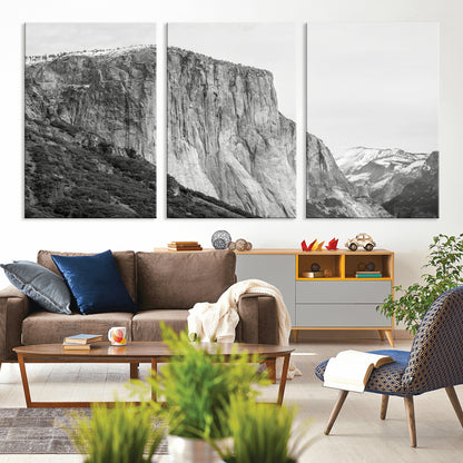 Monochrome canvas of El Capitan’s granite wall in Yosemite with snowy peaks, ideal for dramatic mountain or black-and-white nature decor.