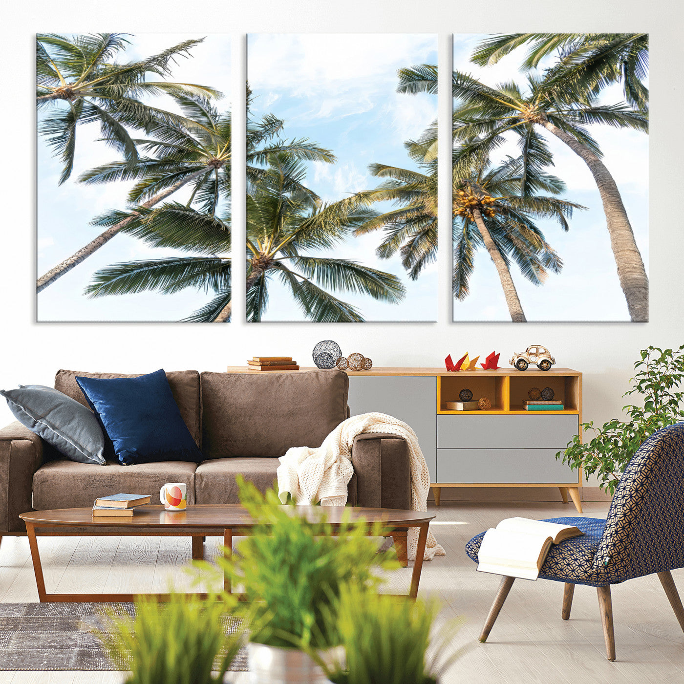 Framed canvas of tall palm trees reaching into a tropical sky, ideal for beach home or relaxed island-inspired wall decor.