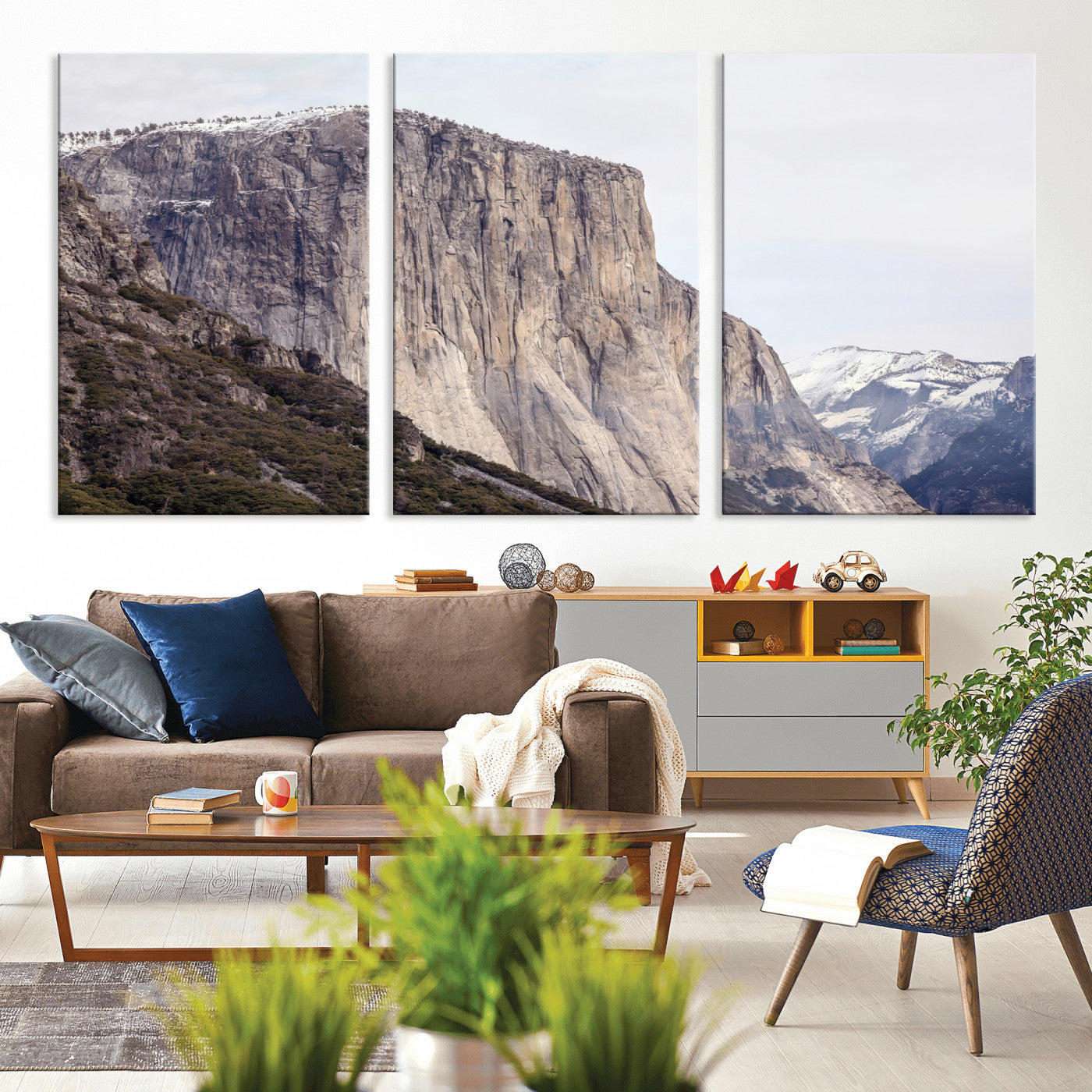 Framed canvas of El Capitan’s vertical granite face in Yosemite with snowy peaks, ideal for Sierra minimalism or mountain-inspired decor.