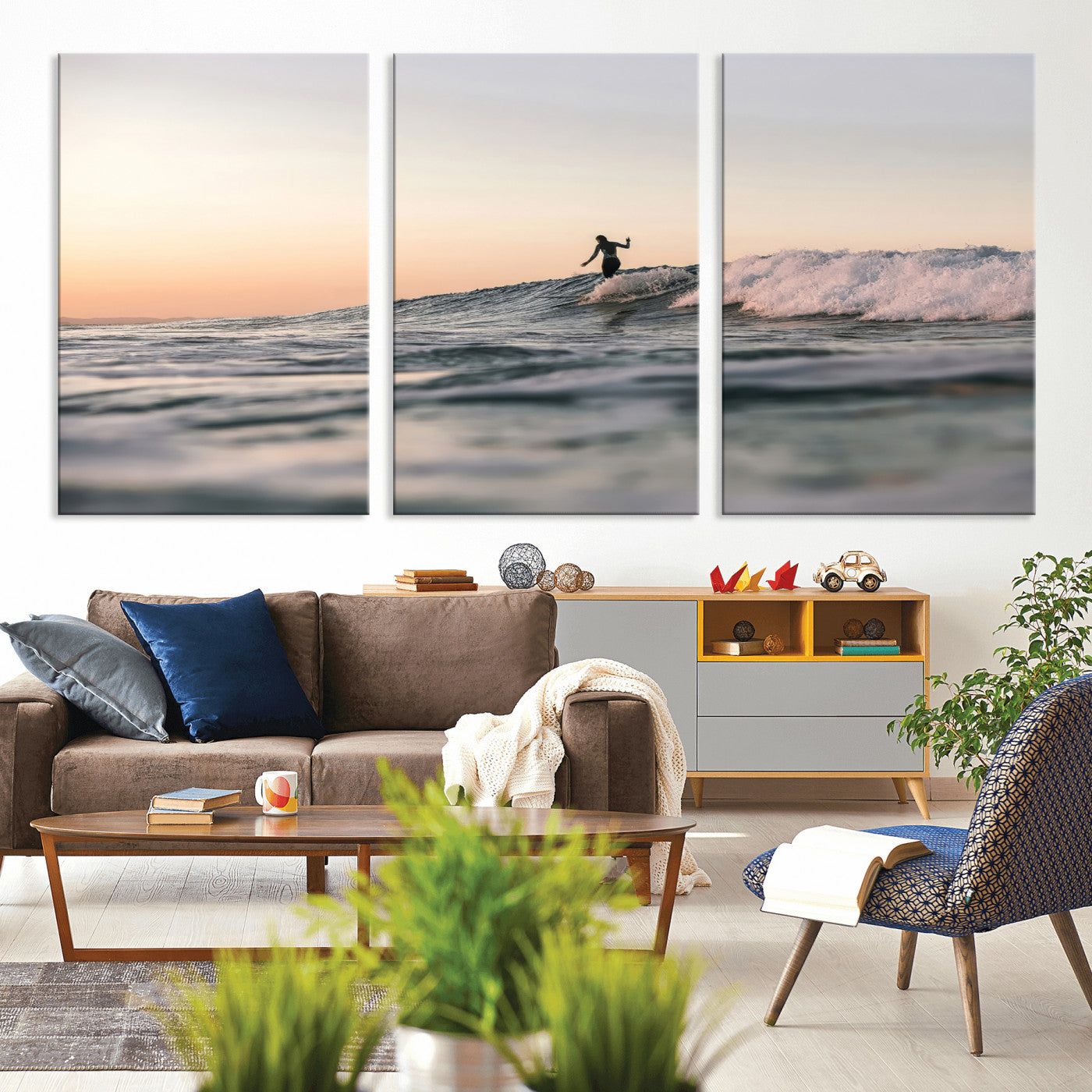 Framed canvas of a female surfer balancing on a wave at sunset, perfect for serene surf or ocean-inspired coastal decor.