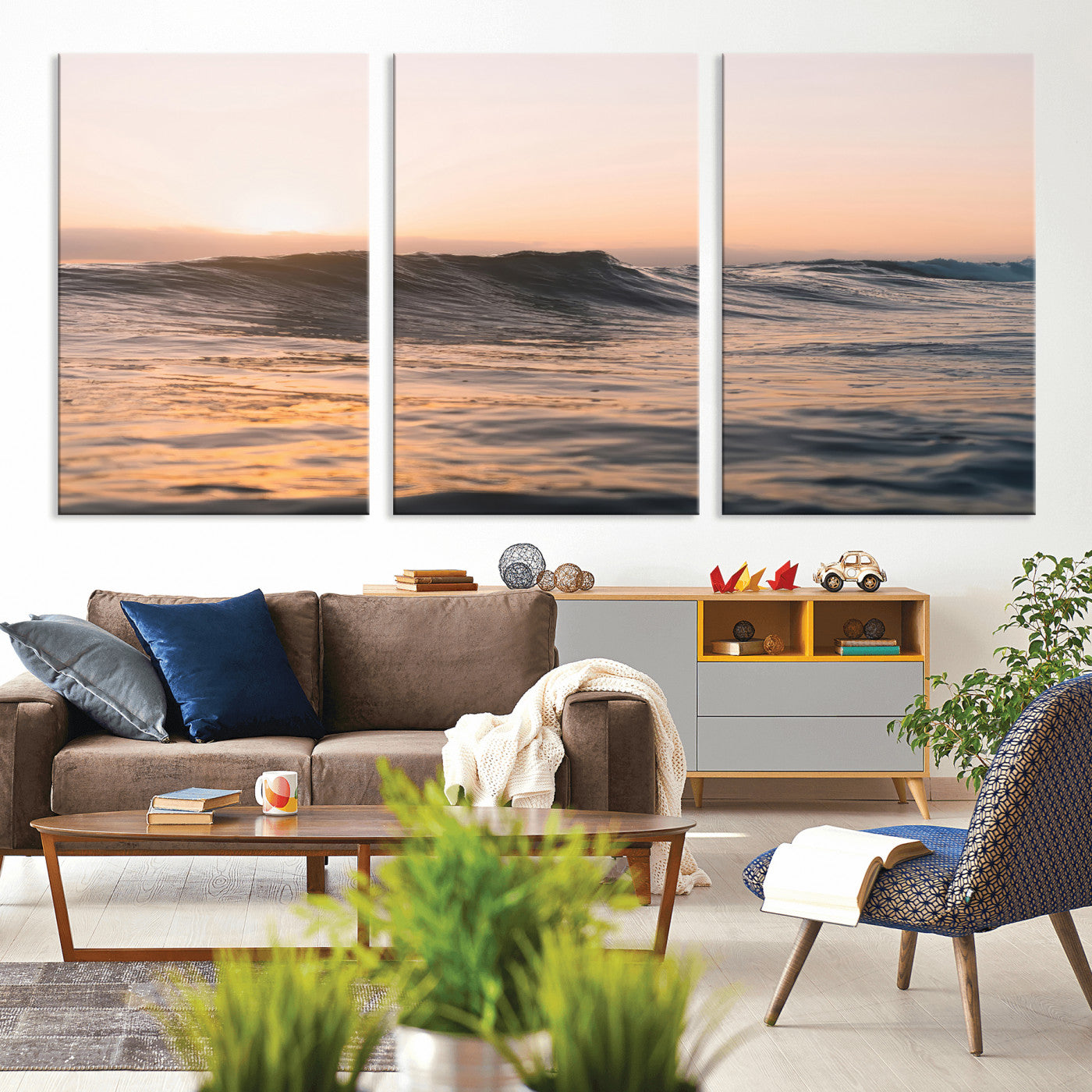 Framed canvas of ocean waves glowing in sunset light, ideal for golden hour calm or peaceful coastal-inspired wall decor.