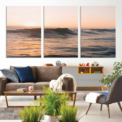 Framed canvas of ocean waves glowing in sunset light, ideal for golden hour calm or peaceful coastal-inspired wall decor.