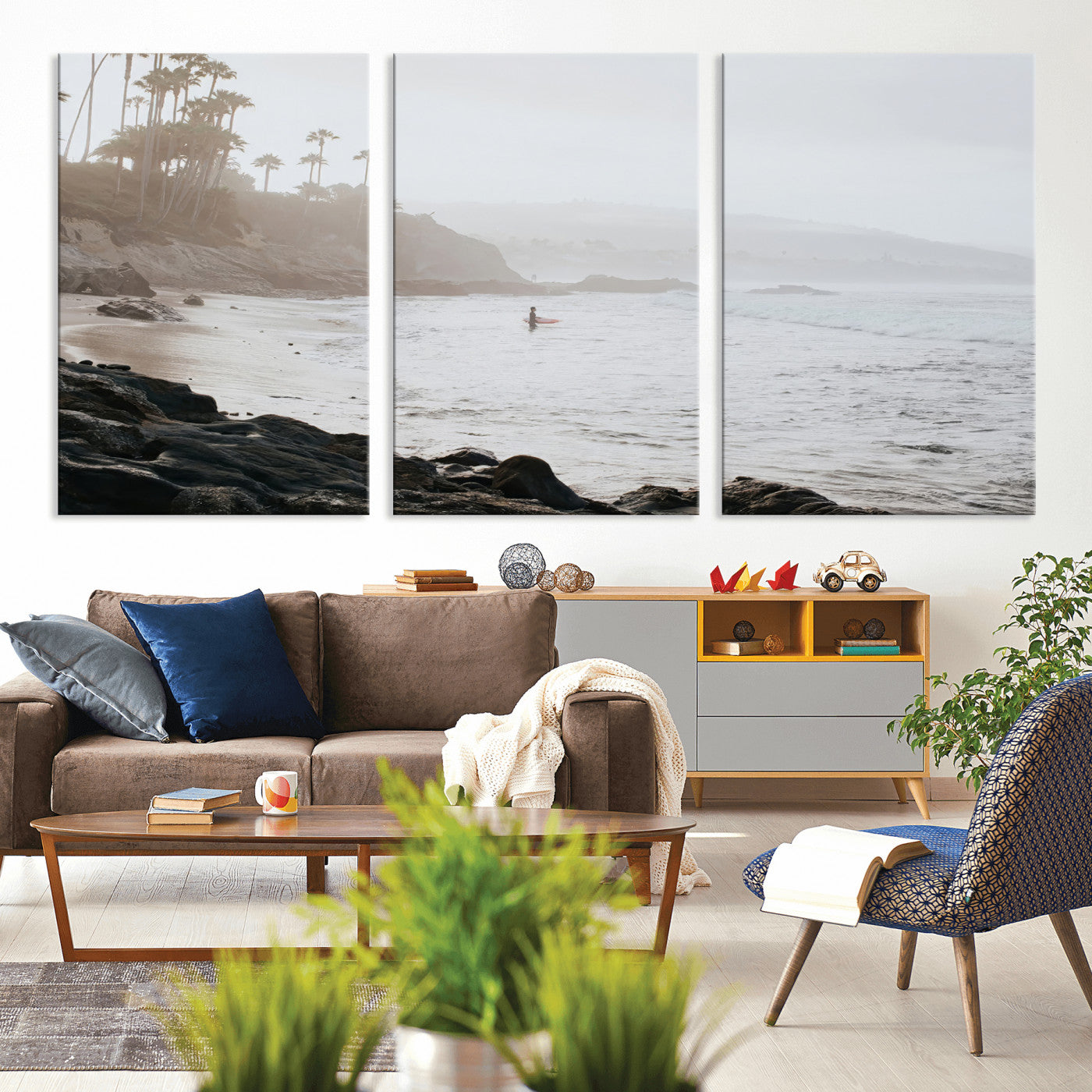 Framed canvas of a surfer in misty coastal tones at a foggy California beach, ideal for minimalist coastal beach or serene ocean-themed decor.