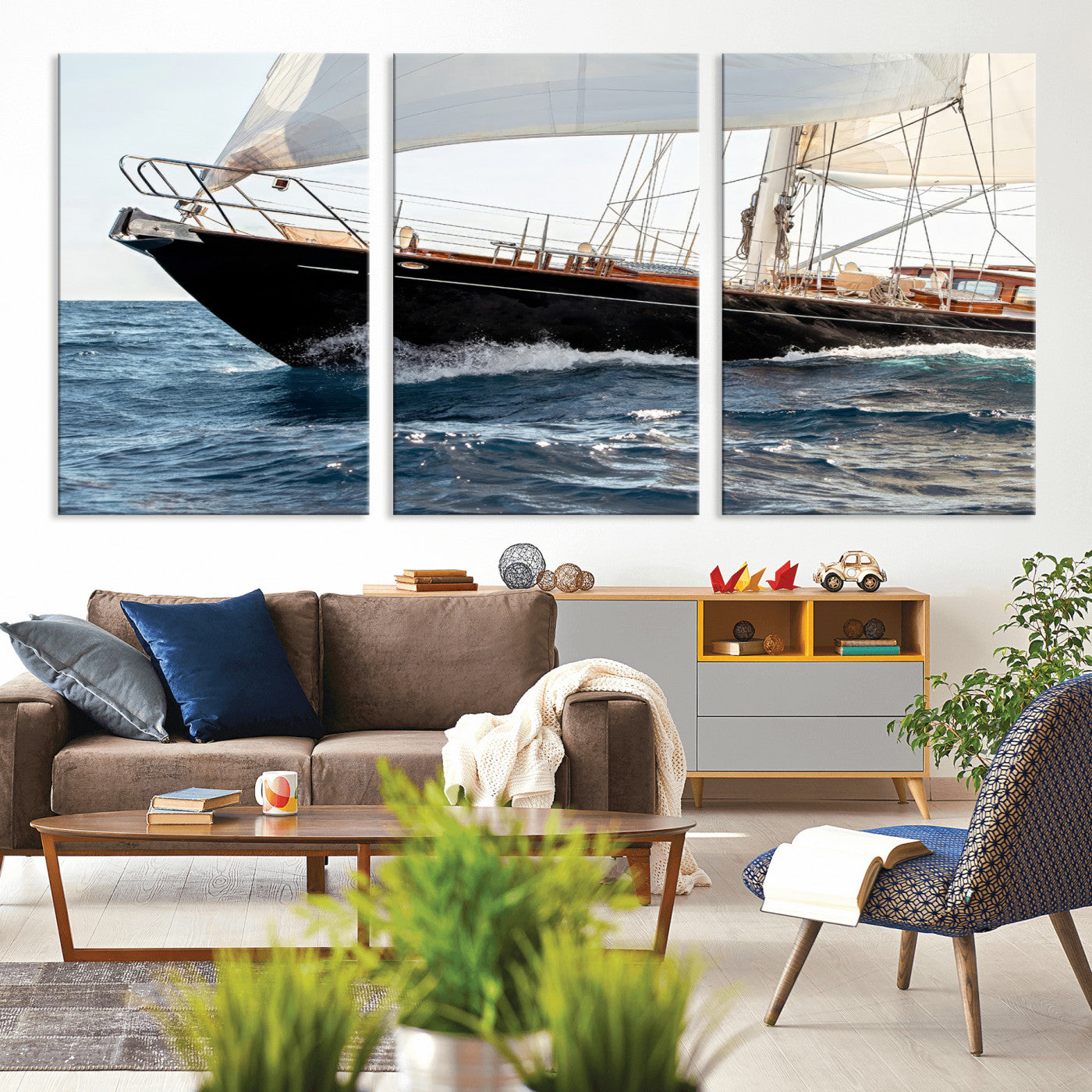 Close-up of a classic sailing yacht with wooden deck and full sails, perfect for nautical or coastal-style decor in ocean-themed spaces.