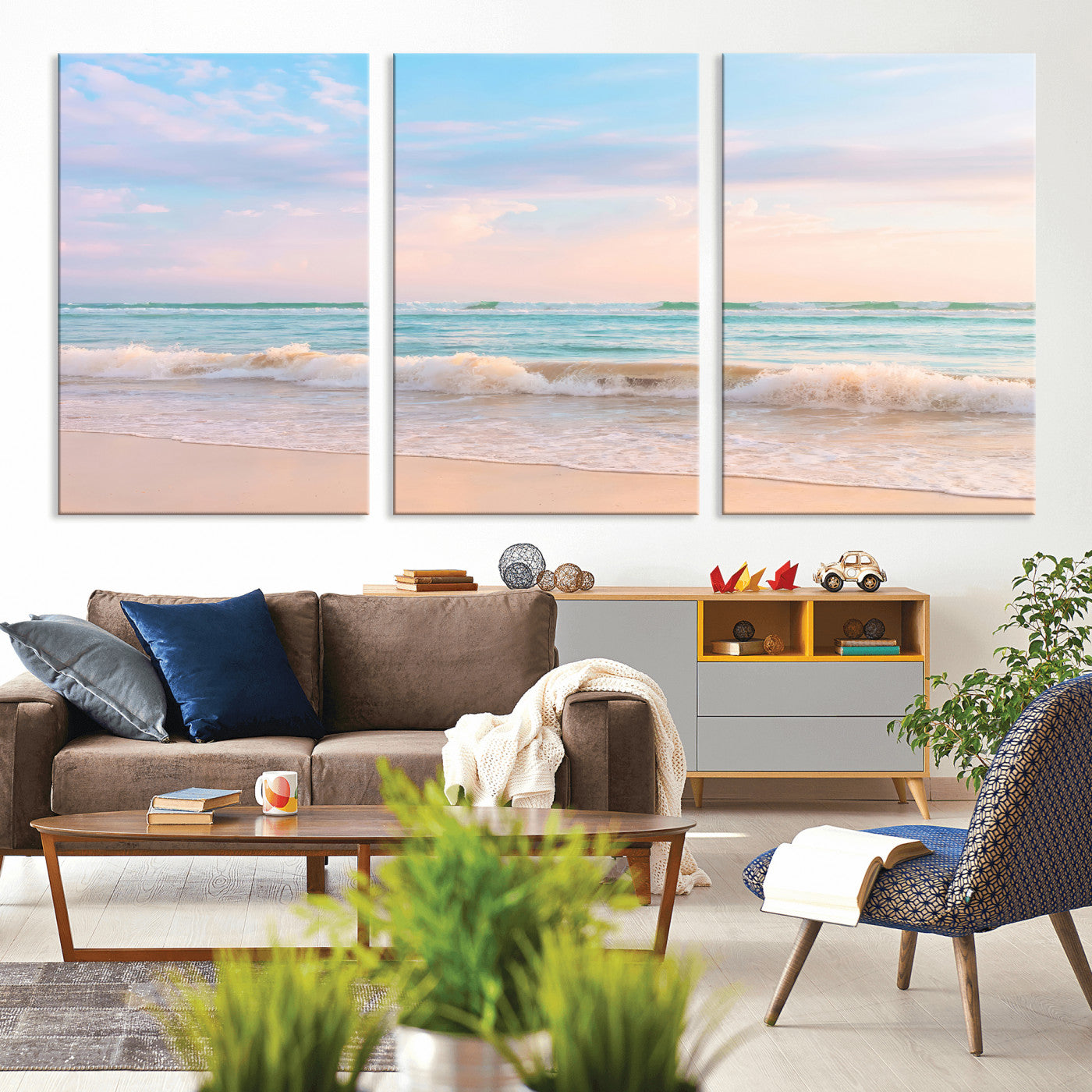 Pastel-toned ocean waves under soft sunset skies, ideal for pastel coastal or serene beach-style home decor.