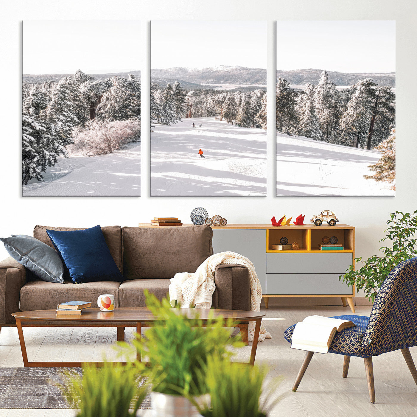 Bright ski trail lined with snow-covered pines and a skier in orange, perfect for alpine adventure or winter sports-inspired decor.