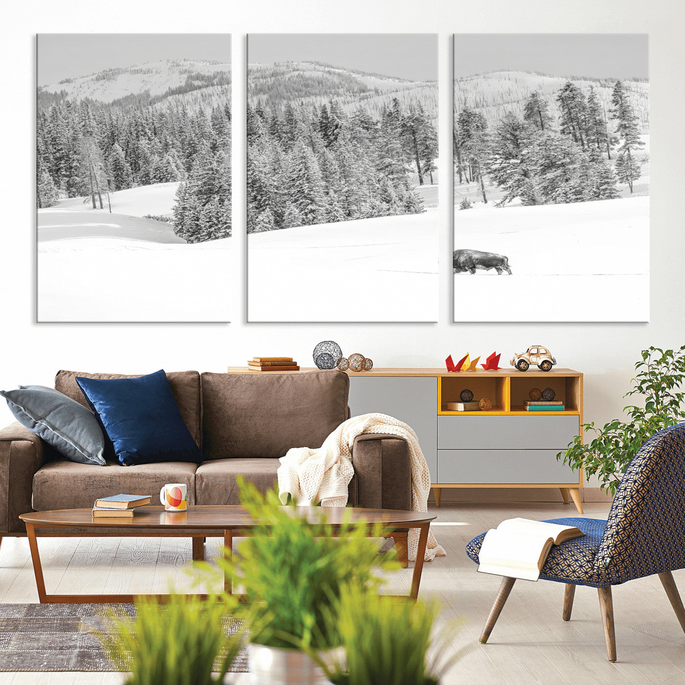 Snowy bison walking through white forest landscape, ideal for monochrome winter or wilderness-style interior wall decoration.