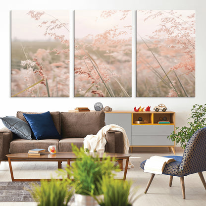 Soft pastel field with wild grasses in warm light, ideal for minimal nature or airy countryside-inspired interior wall decoration.