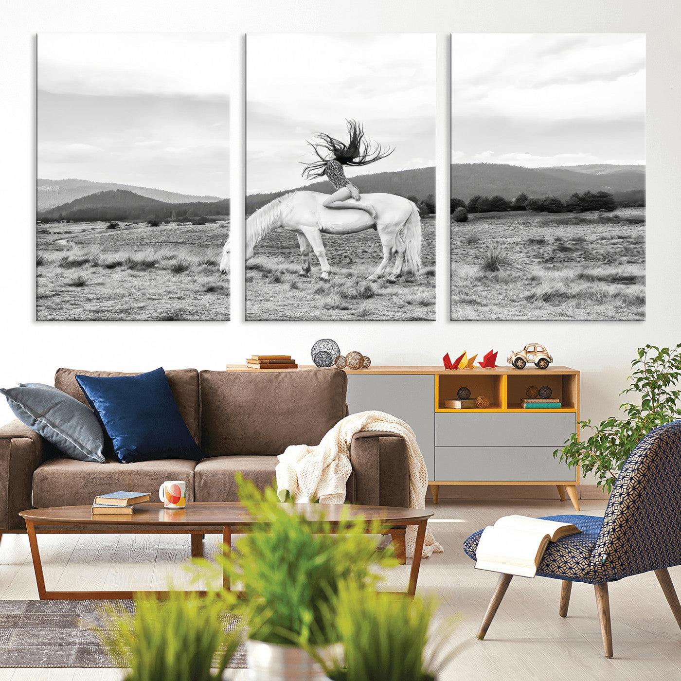 Black and white photo of a woman on a white horse in moody tones, ideal for Western Boho or modern rustic-style home decor.