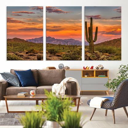 Vibrant desert sunset with saguaro cacti and distant mountains, perfect for Southwestern or warm-toned home decor.
