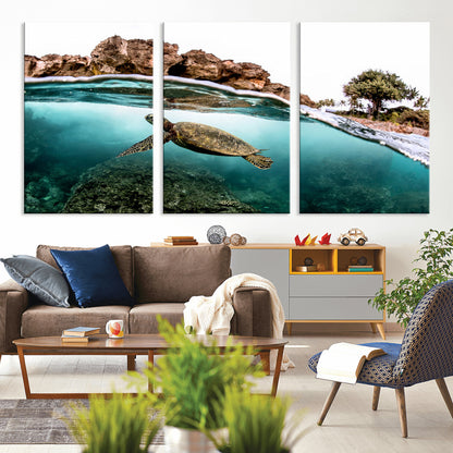 Dynamic split-view photo of a sea turtle swimming near rocky shores, perfect for vibrant coastal or tropical beach home decor.