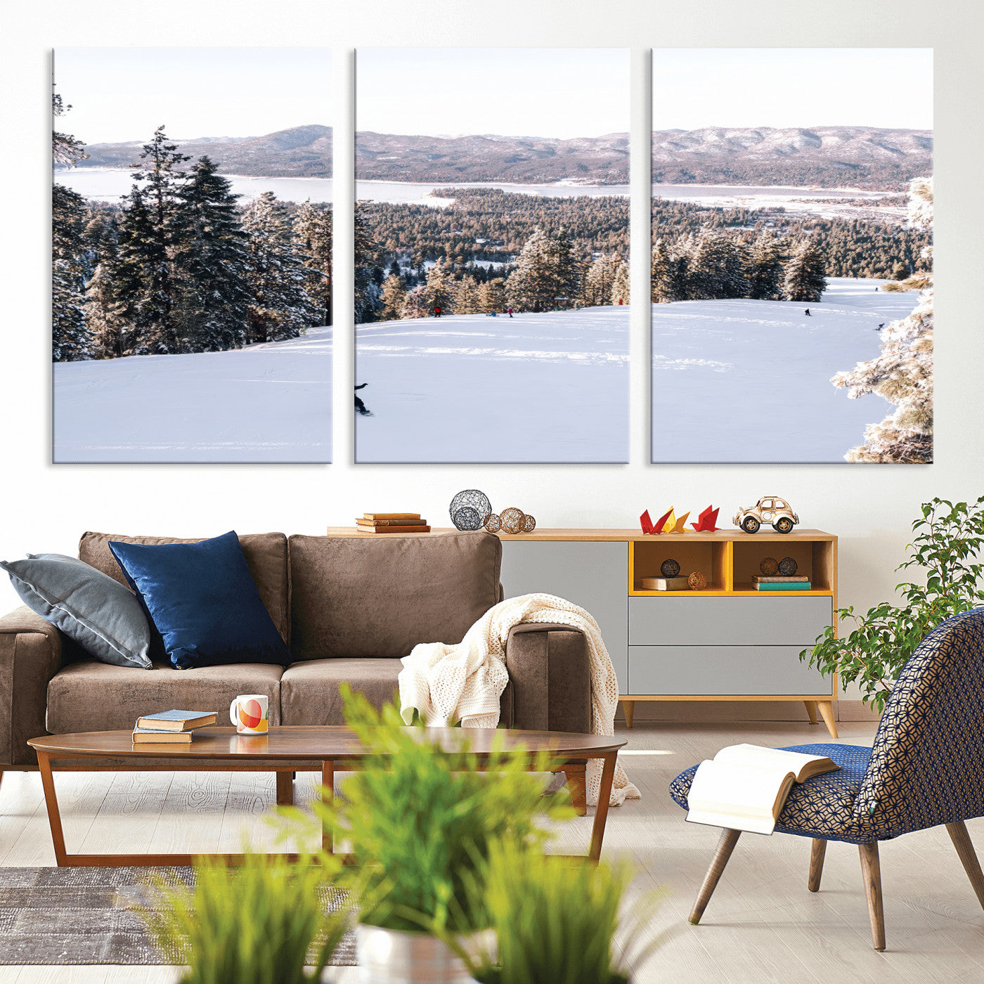 Canvas of a snowy mountain ski slope with pine trees and bright winter light, ideal for modern rustic or alpine-inspired home decor.
