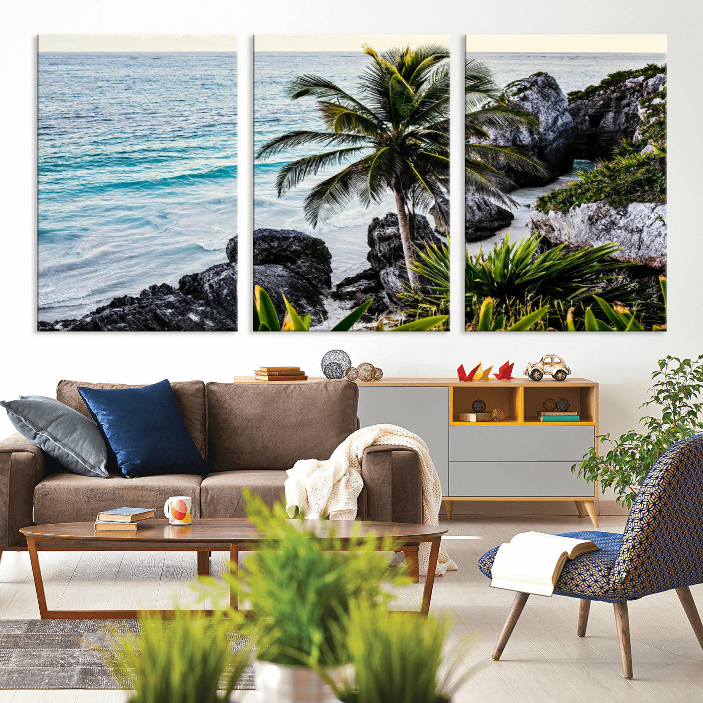 Framed canvas of a vibrant tropical coastline with palm trees, rocky cliffs, and turquoise waters, ideal for tropical coastal home decor.