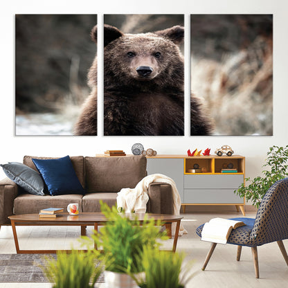Canvas of a brown bear in soft earthy tones and moody forest light, ideal for rustic cabin or woodland nature-themed home decor.