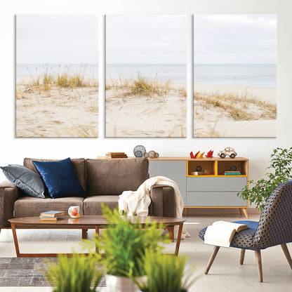 Canvas of soft beach dunes and coastal grasses in neutral tones, perfect for Scandinavian coastal or minimalist nature-inspired home decor.   2/2