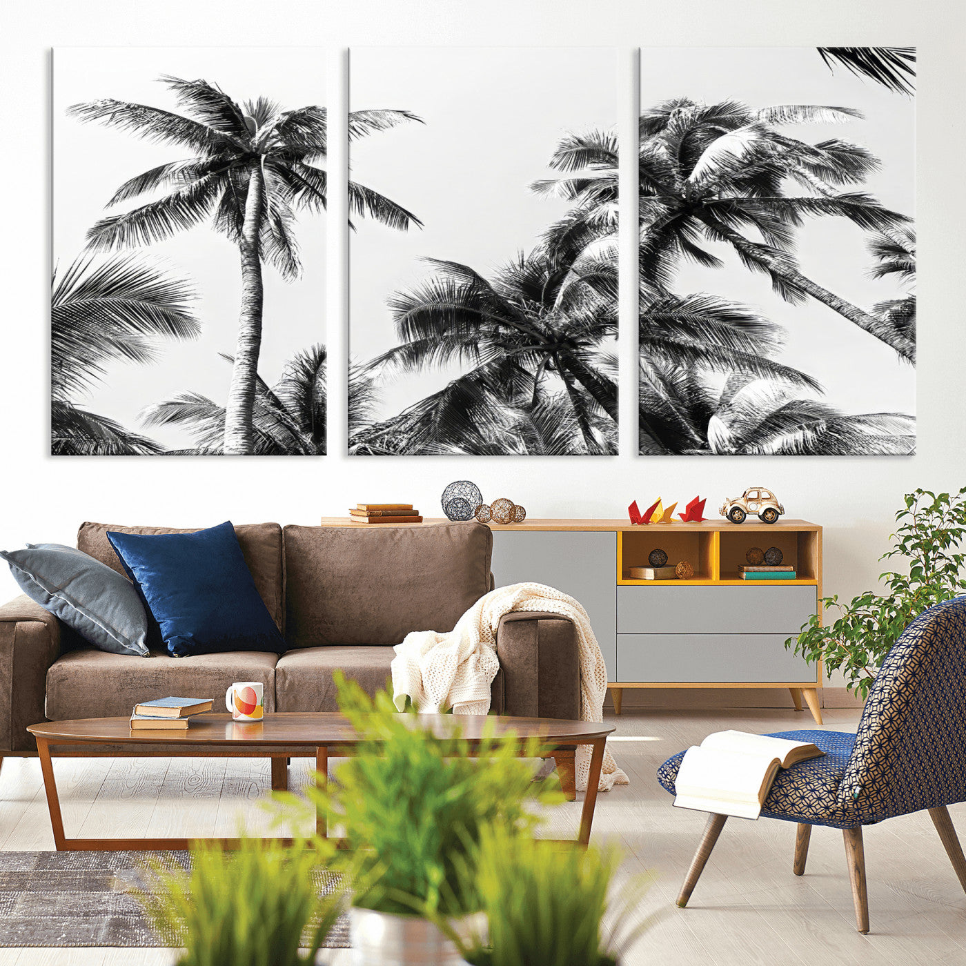 Black and white canvas of tall palm trees in moody tones, perfect for modern tropical minimalist or coastal-style home decor.