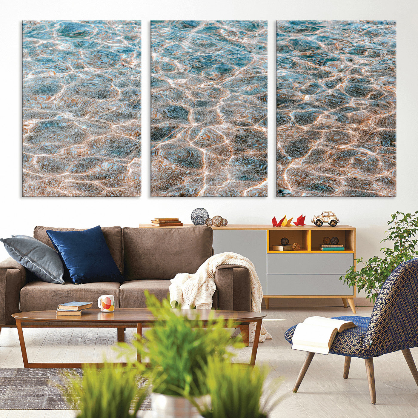 Close-up of sunlit ocean ripples with aqua blue and golden tones, ideal for modern coastal or minimalist home decor.