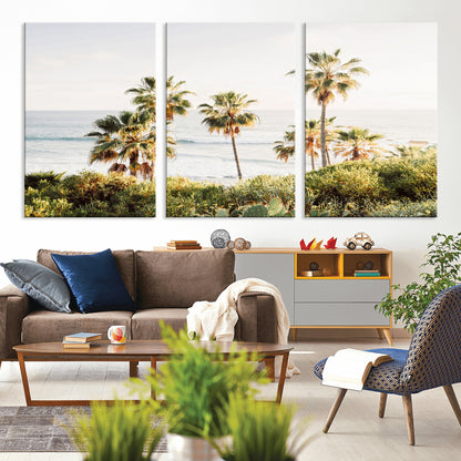 Framed print of sunlit palm trees on the California coast with warm tones, perfect for coastal minimalist or beach-style home decor.