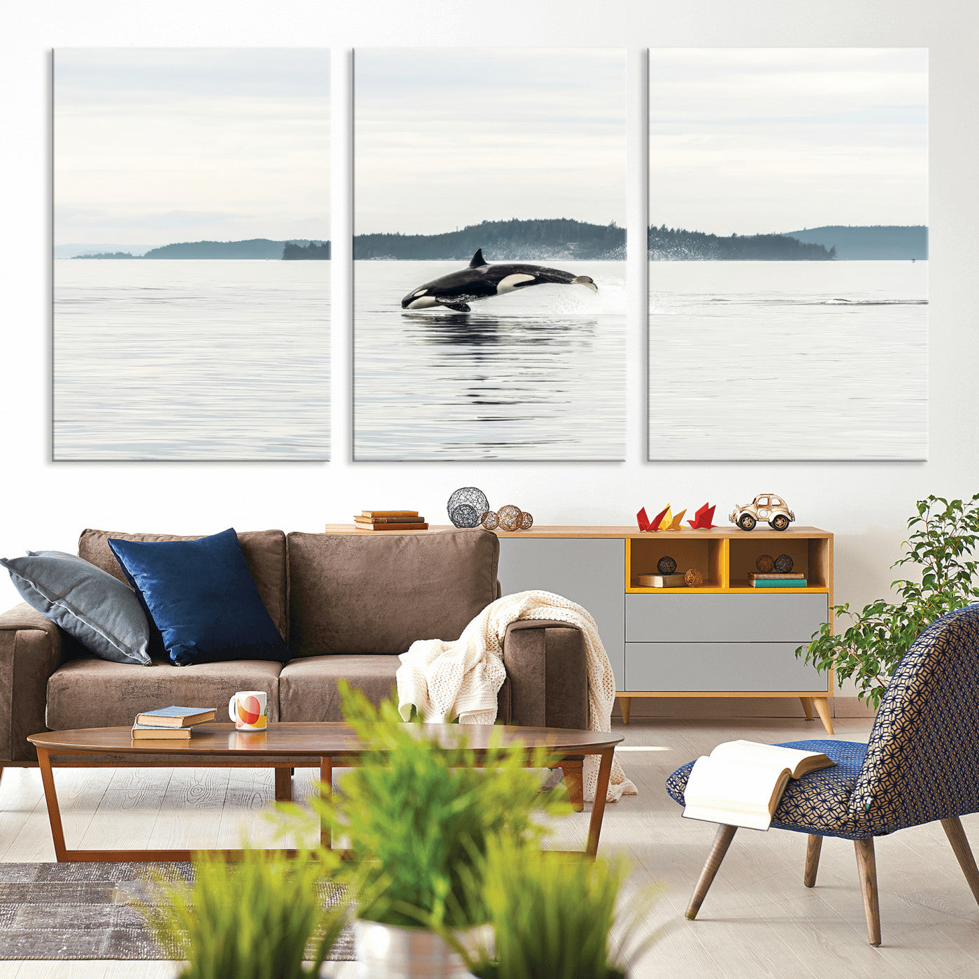 An orca jumping out of calm ocean waters with a misty island in the background, creating a serene and minimalist marine wildlife scene.