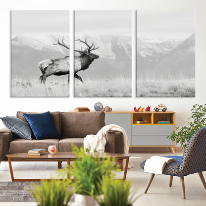Black and white photograph of a majestic elk standing in a grassy field with snow-capped mountains in the background, creating a bold and rustic wilderness scene.