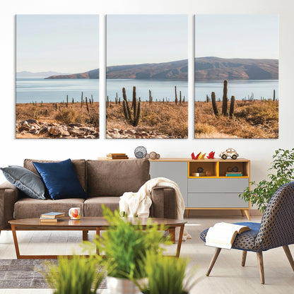 Warm desert landscape with cacti and coastal mountains, perfect for southwestern or earthy calm-themed home wall decor.