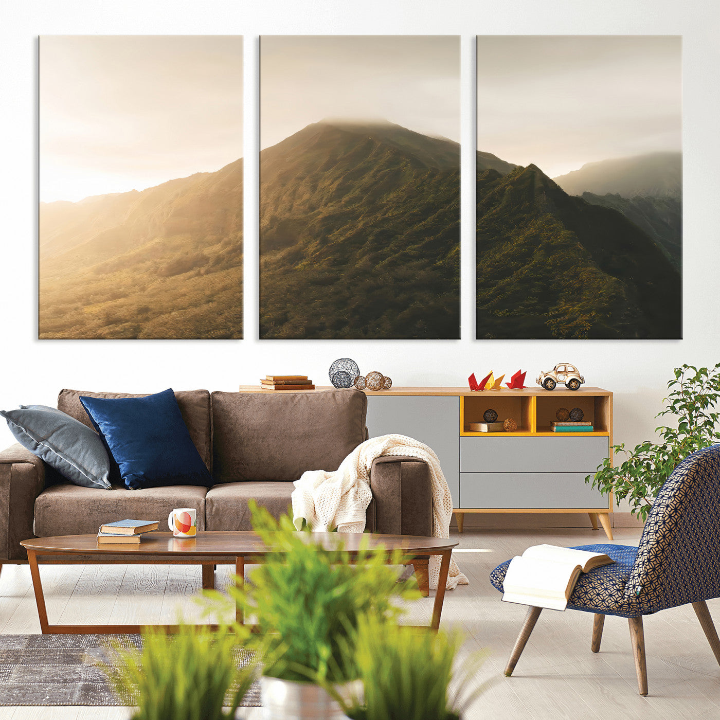 Sunlit mountain peak with mist rolling over its rugged slopes, bathed in golden light, creating a warm and tranquil nature-inspired scene.