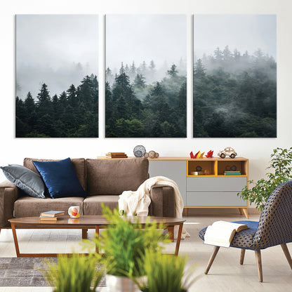 A misty evergreen forest shrouded in soft fog, creating a tranquil and moody landscape with lush green trees fading into the distance.