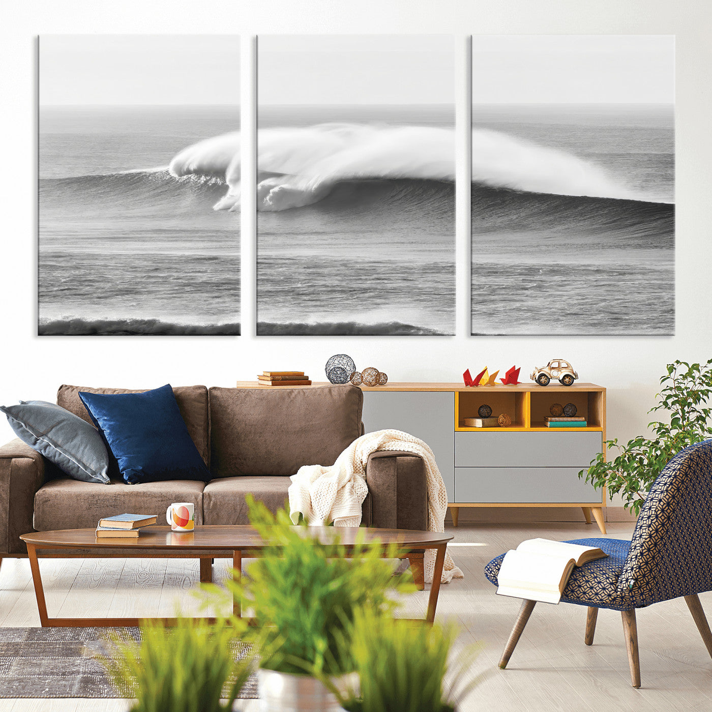 A dramatic black and white ocean wave crashing with immense force, capturing the raw power and movement of the sea in a bold seascape.