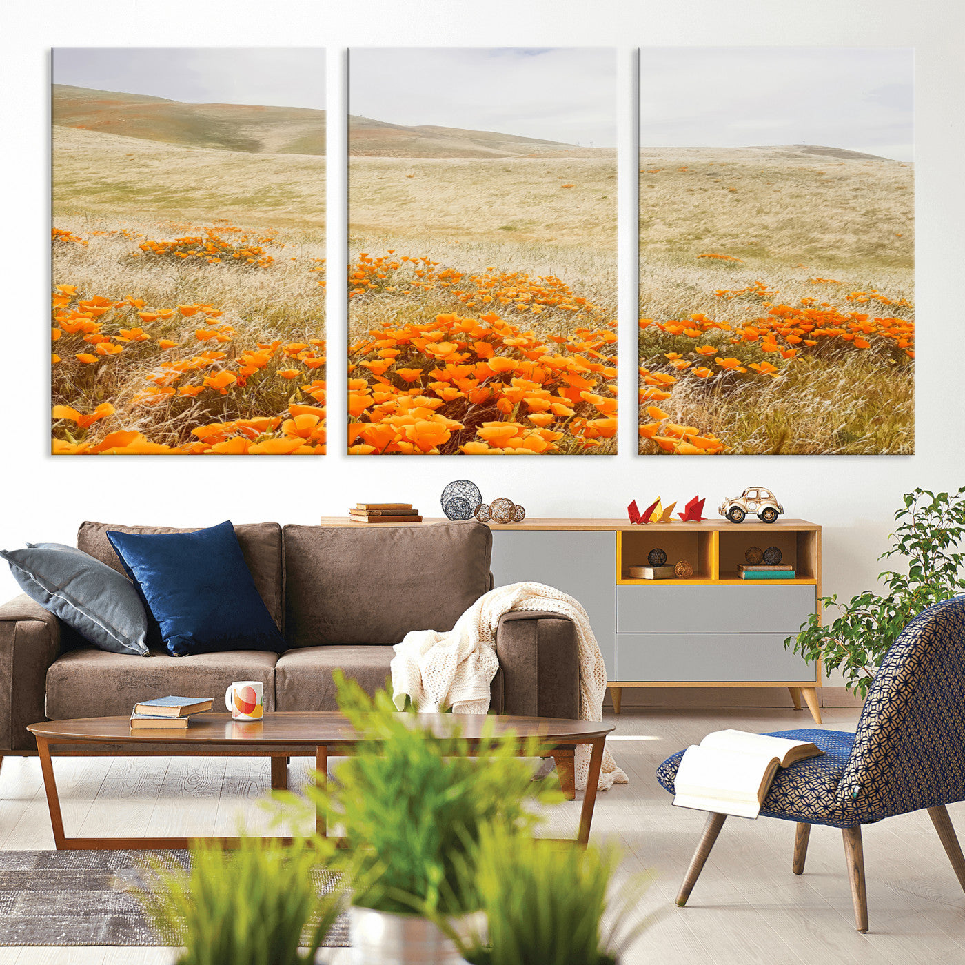 A golden field with vibrant orange poppies blooming across rolling hills under a soft, sunlit sky, creating a warm and rustic landscape.