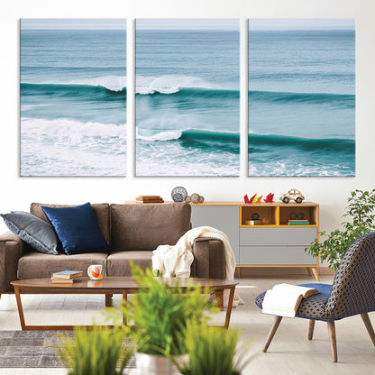 Powerful ocean waves rolling towards the shore, their turquoise hues blending with white sea foam under an open horizon, capturing the essence of the ocean's movement.