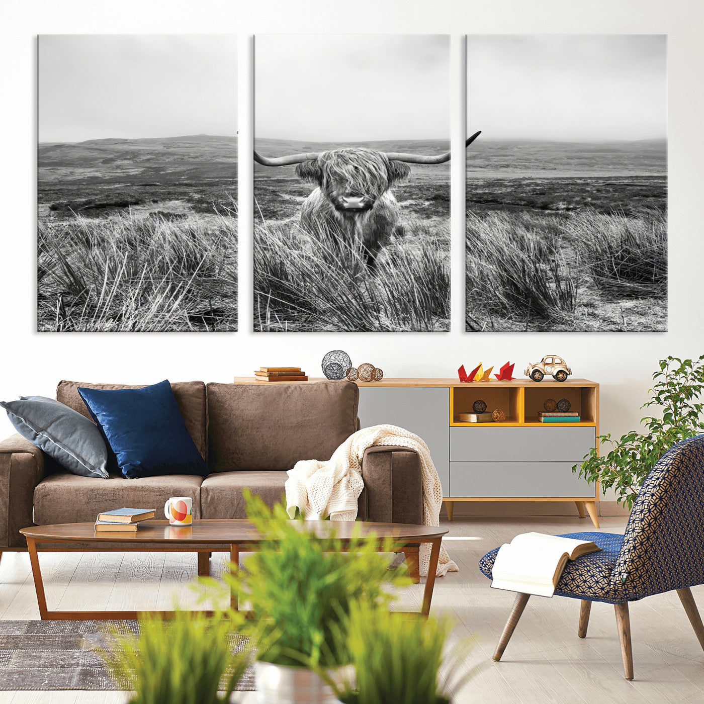 A black and white portrait of a Highland cow in a foggy Scottish countryside, capturing a rustic aesthetic and tranquil farm escape.