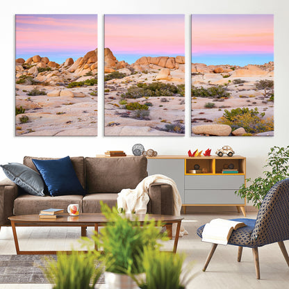 A breathtaking desert landscape featuring rugged rock formations under a vibrant pastel sunset sky, capturing the warmth and serenity of a Southwestern wilderness.