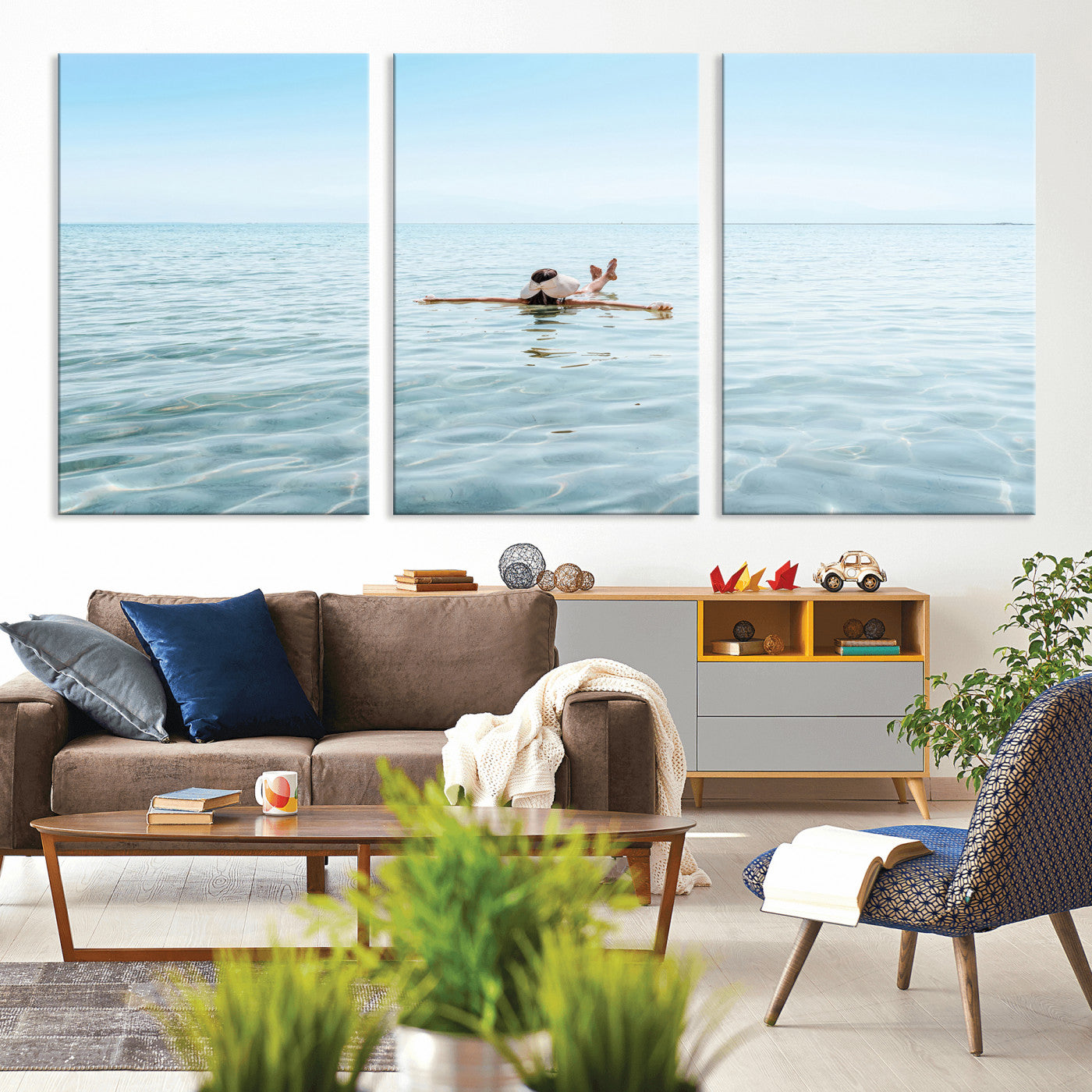 A peaceful minimalist scene of a person floating on crystal-clear water, surrounded by a vast open horizon, capturing relaxation and serenity in a tranquil aquatic setting.
