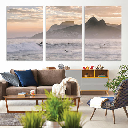 A surfer rides a golden hour wave near misty coastal mountains, surrounded by fellow surfers, capturing the spirit of a coastal adventure.