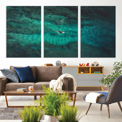 An aerial view of a solo surfer paddling through crystal-clear turquoise waters over a sunlit reef, capturing the beauty and serenity of open water surfing.