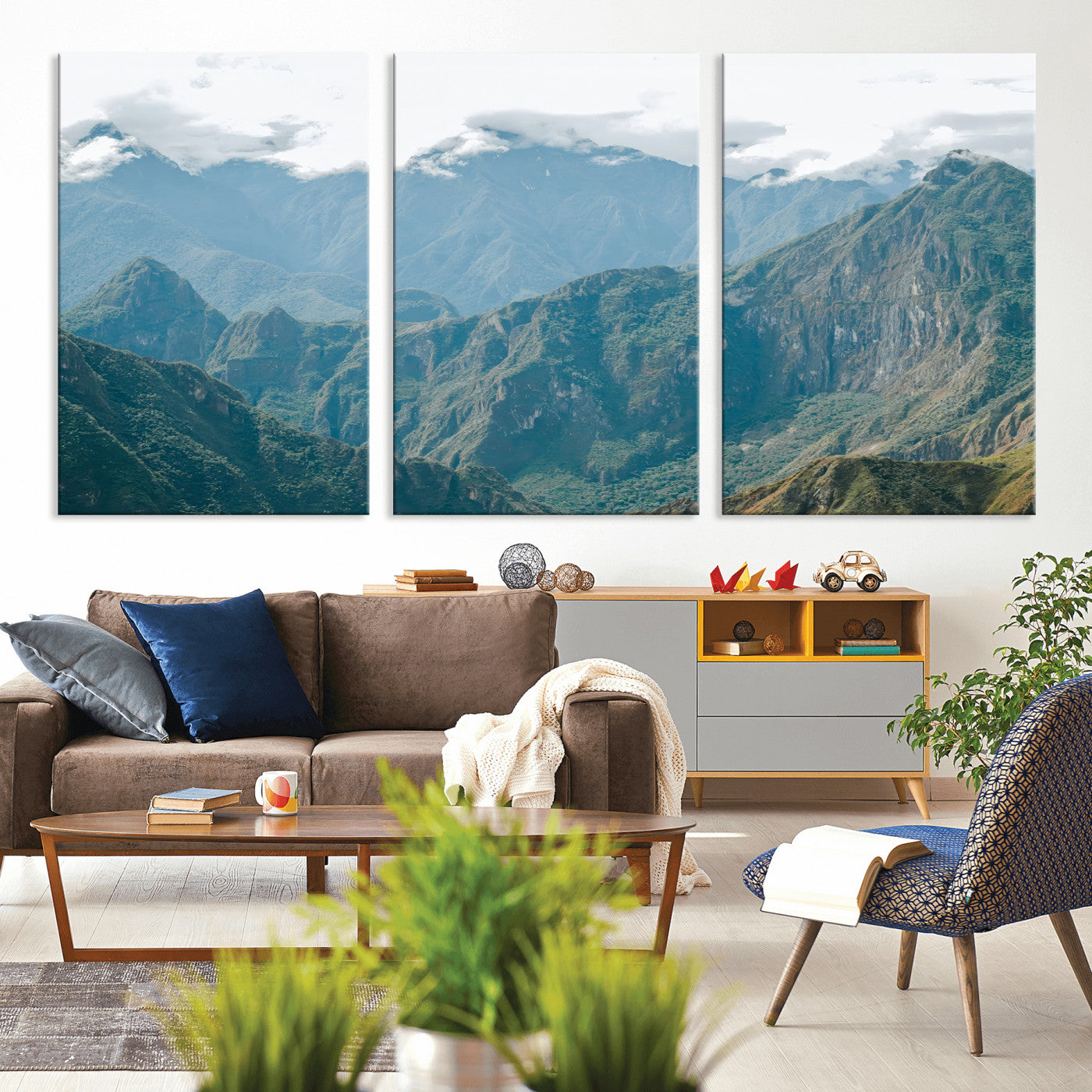 A misty mountain landscape with cloud-covered Andean peaks and lush green valleys, creating a dramatic and serene view, perfect for rustic or nature-inspired home decor.