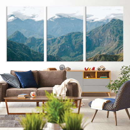 A misty mountain landscape with cloud-covered Andean peaks and lush green valleys, creating a dramatic and serene view, perfect for rustic or nature-inspired home decor.