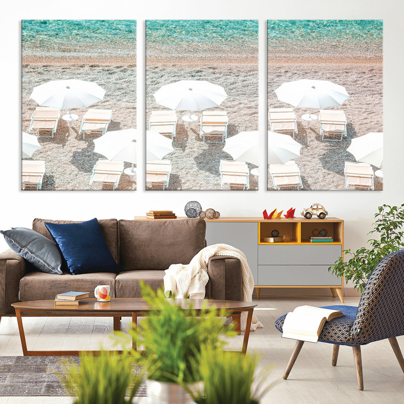 A bright beach scene with white umbrellas, pastel sand, and turquoise waters, creating a tranquil coastal vibe, perfect for beach house or summer decor.