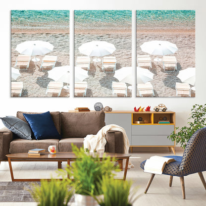 A bright beach scene with white umbrellas, pastel sand, and turquoise waters, creating a tranquil coastal vibe, perfect for beach house or summer decor.