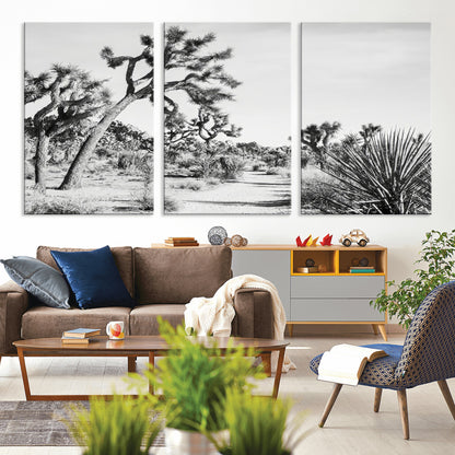 Canvas of a Joshua Tree forest in black and white tones, featuring a desert path and spiky vegetation, ideal for minimalist or rustic decor.