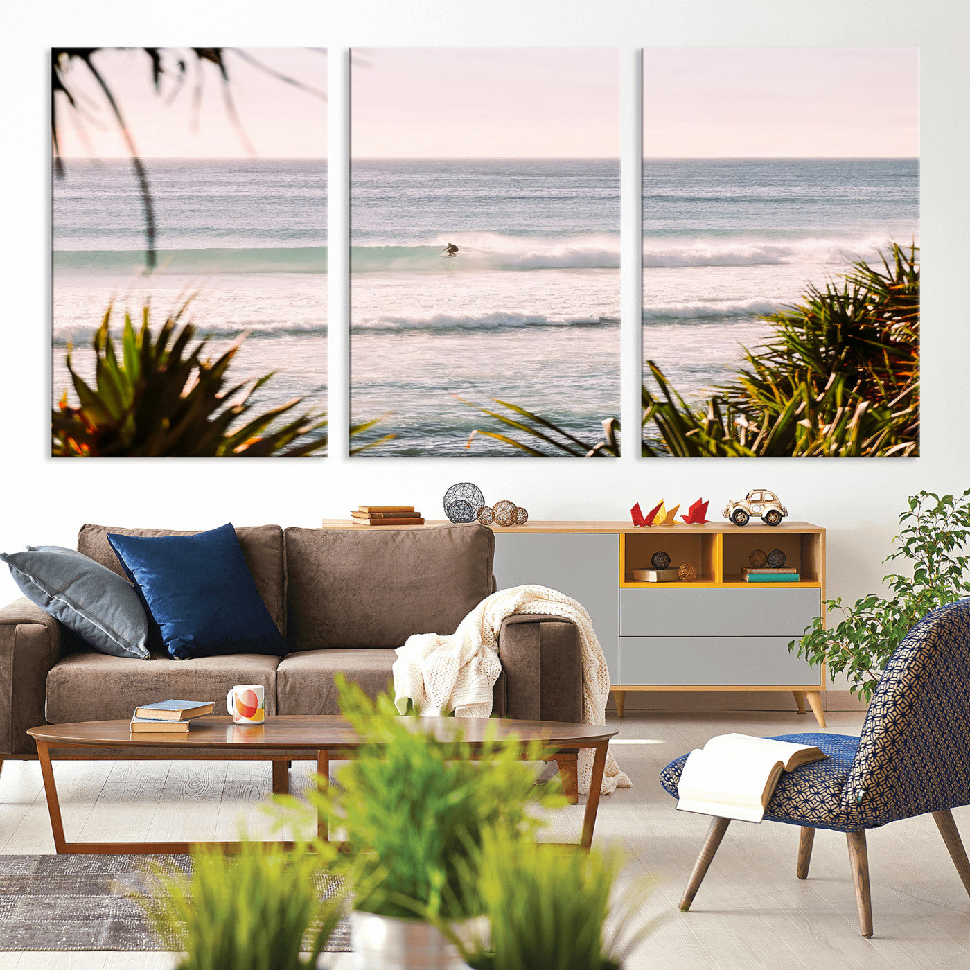 Canvas of a lone surfer riding a pastel wave at sunrise, perfect for tropical or coastal-themed spaces with a relaxed, airy vibe.