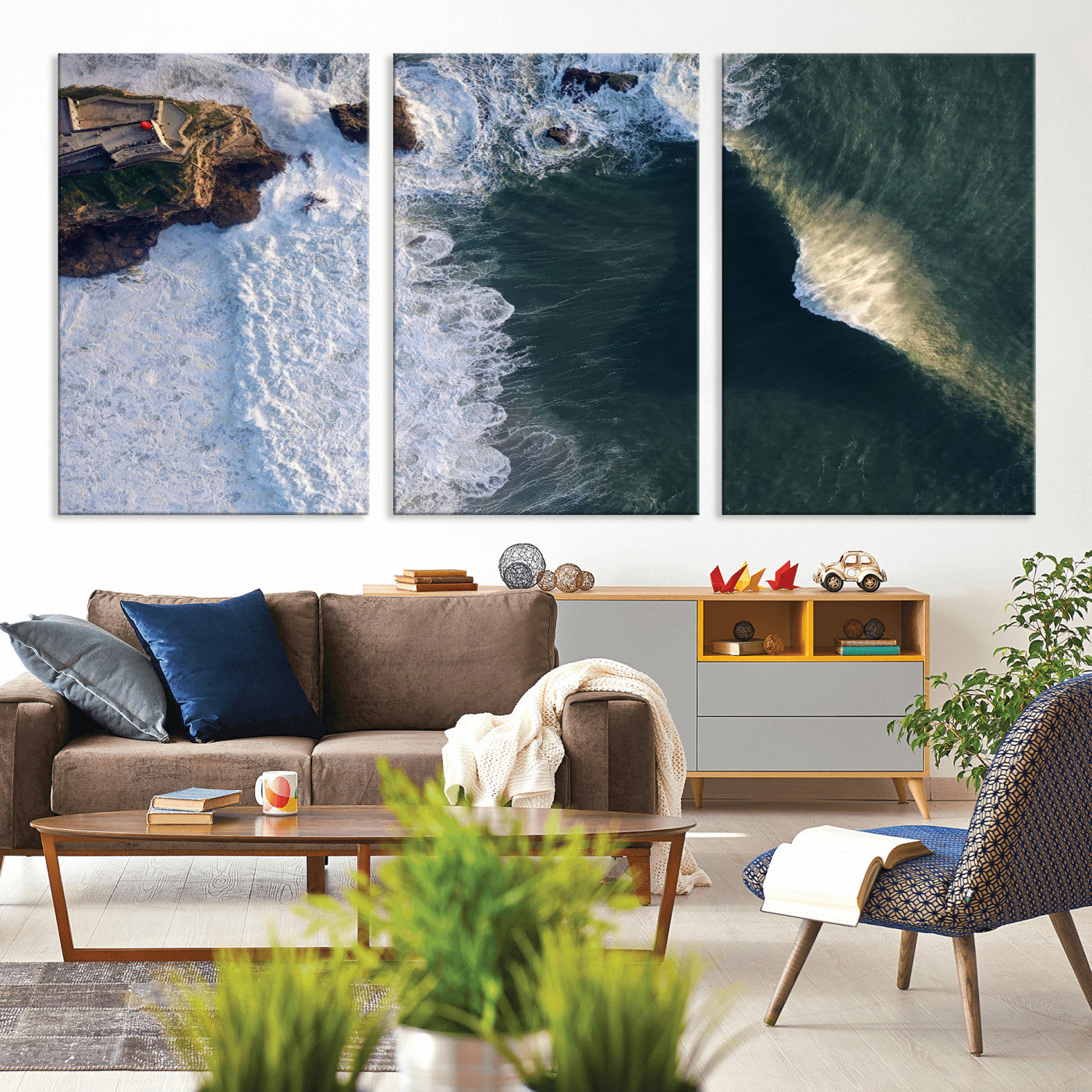 Canvas showing an aerial view of crashing waves along the Nazaré coastline, perfect for dramatic coastal or ocean-themed home decor.