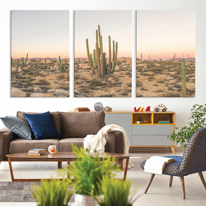 Canvas of tall desert cacti in warm sunset tones over a rocky Baja landscape, ideal for earthy or Southwestern-style home decor.