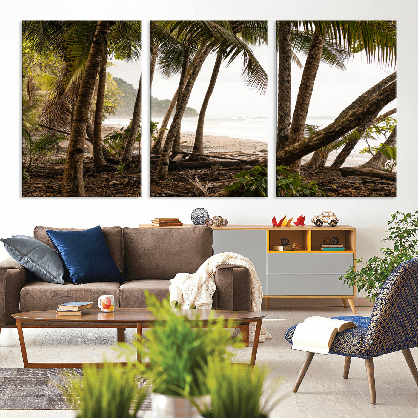 Dense tropical palm trees framing a sandy beach and ocean shore, ideal for jungle or coastal themed interior wall decor.
