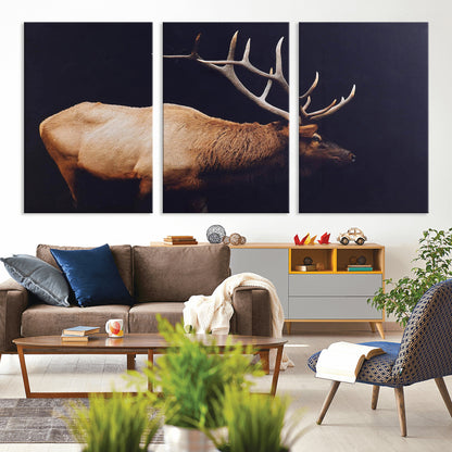 Side profile of an elk with large antlers on dark background, creating a bold rustic statement for cabin or Western-themed decor.