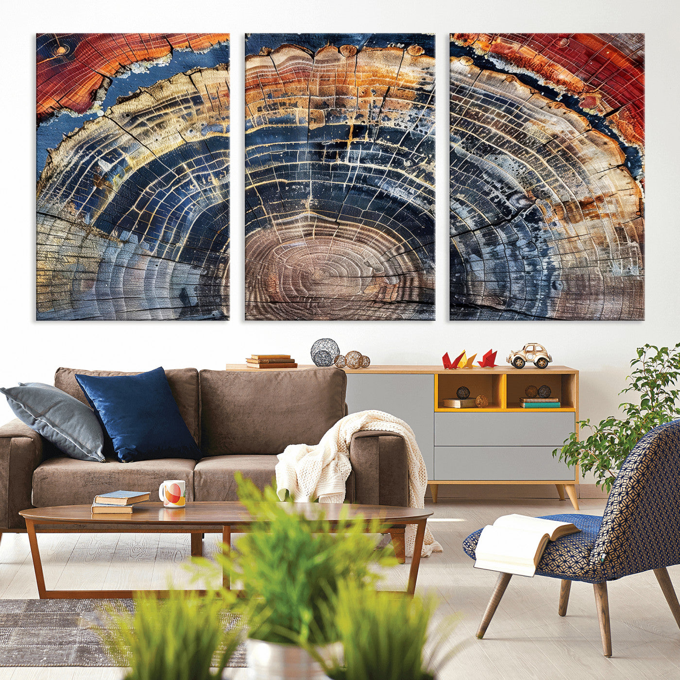 Vibrant tree ring with orange, brown, and blue tones in abstract detail, perfect for rustic or boho-inspired wall decor.